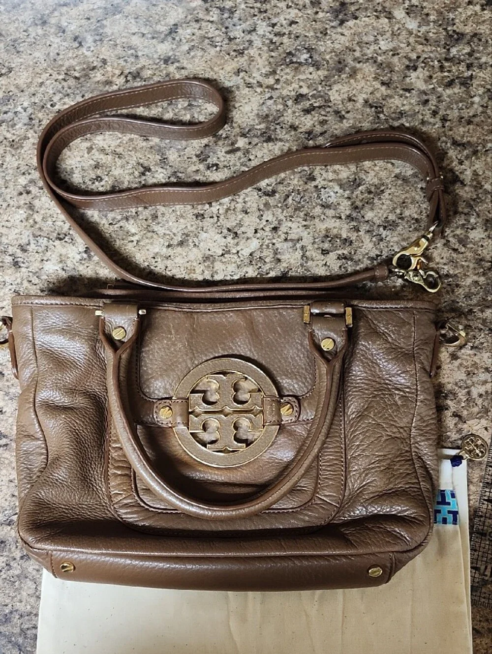 Tory Burch Amanda Brown Leather Satchel Handbag with Gold Logo Accent